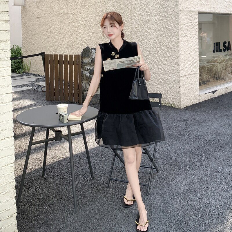 新中式国风无袖丝绒连衣裙女2025夏新款高级感网纱拼接显瘦小黑裙,女装连衣裙,浙宝131
