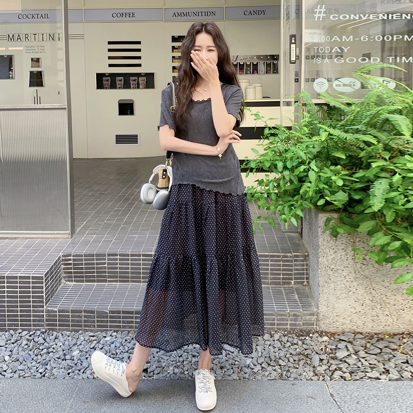 盐甜系夏日ootd穿搭套装女2025新款休闲短袖T恤波点半身裙两件套,女装套装/套裙,浙宝131