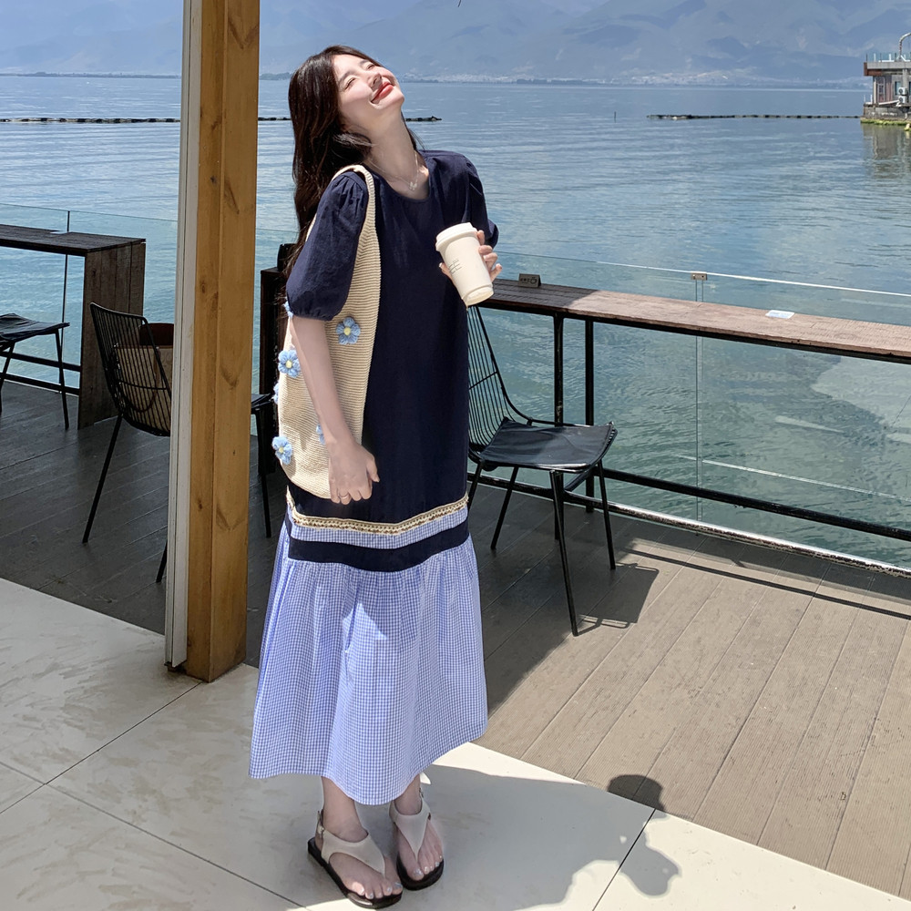 撞色拼接T恤连衣裙女2025夏季新款法式设计感宽松显瘦度假风长裙，女装连衣裙，浙宝131