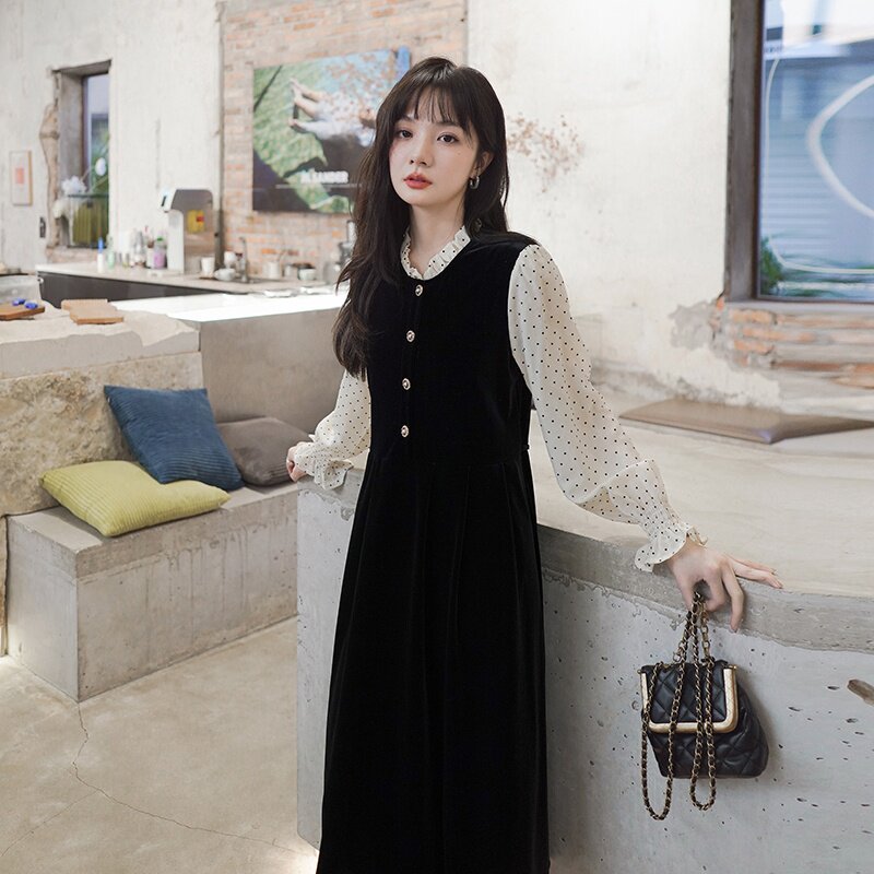 法式复古拼接黑色丝绒连衣裙女高端2025年秋冬新款赫本风长袖裙子，女装连衣裙，浙宝131