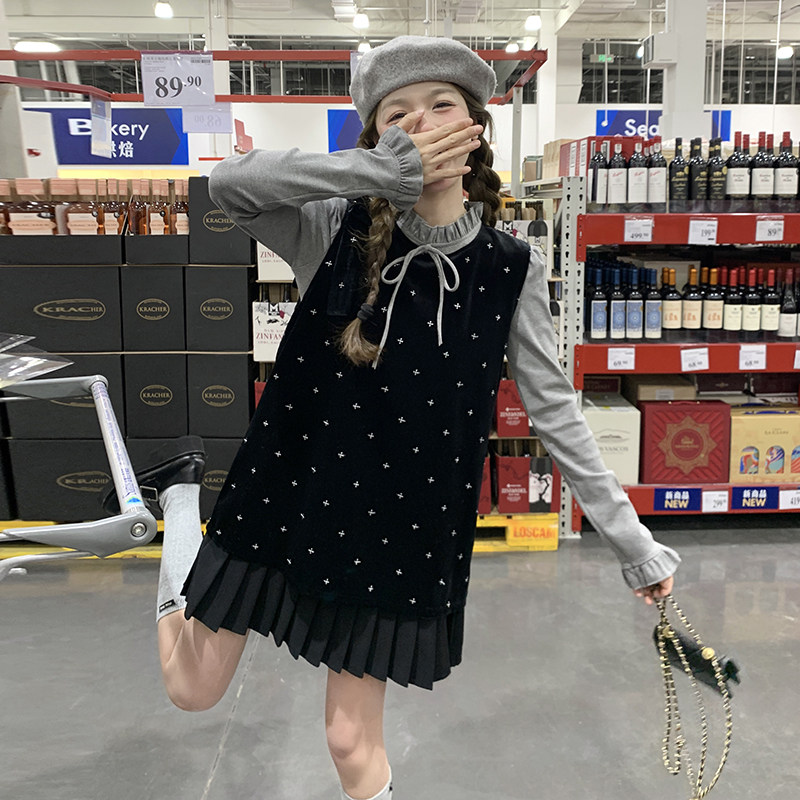 小个子穿搭甜美减龄黑色丝绒印花百褶背心裙连衣裙女春新款,女装连衣裙,浙宝131