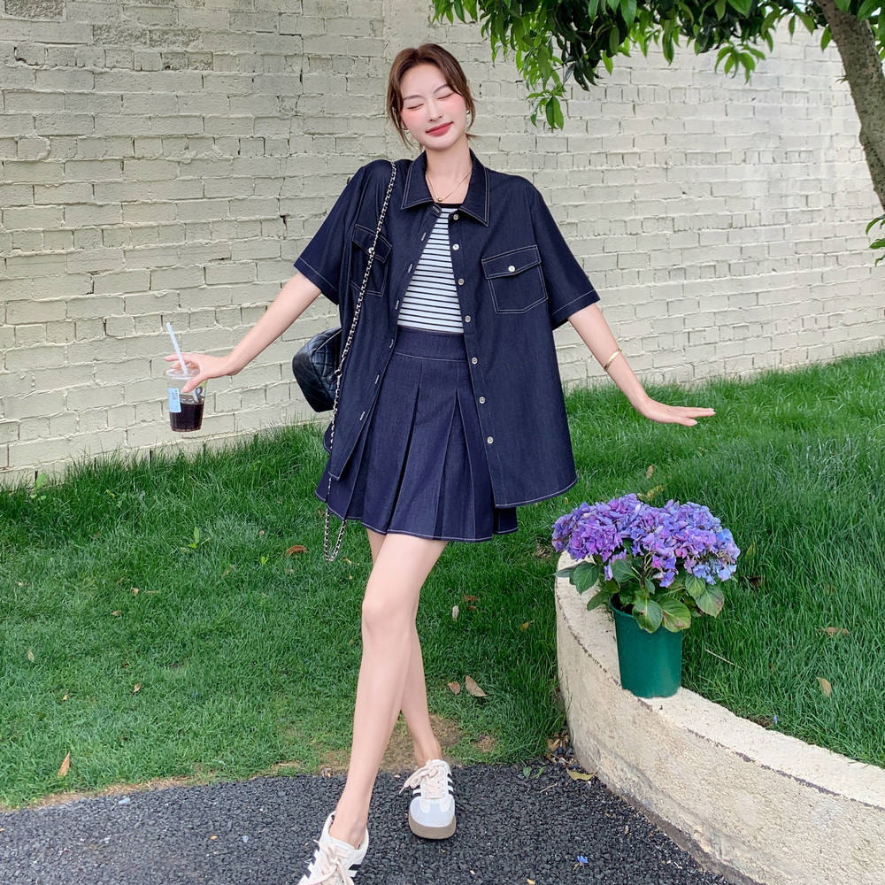 慵懒休闲天丝牛仔衬衫套装裙女夏季新款学院风减龄百褶短裙三件套,女装套装/套裙,浙宝131