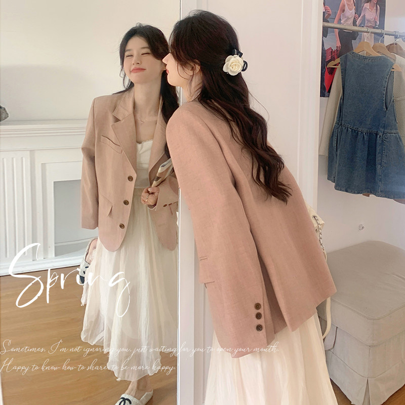 粉色西装外套女韩系气质简约单排扣宽松小个子小西服2025春秋新款，女装西装，象礼