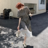 温柔复古格子淡人连衣裙女夏季2025松弛感撞色拼接垂感大裙摆长裙，女装连衣裙，象礼