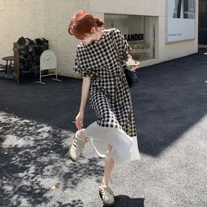 温柔复古格子淡人连衣裙女夏季2025松弛感撞色拼接垂感大裙摆长裙图片