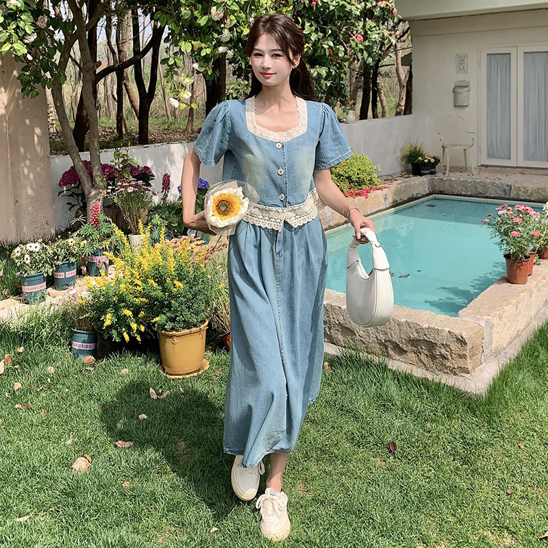 蓝色复古牛仔套装女夏2024夏季新款高腰蕾丝拼接上衣半身裙两件套,女装套装/套裙,浙宝131