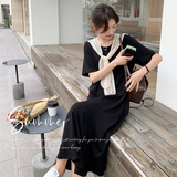 蕾丝拼接黑色T恤连衣裙女夏季2025新款法式气质宽松假两件鱼尾裙，女装连衣裙，象礼