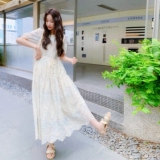 温柔风浪漫法式泡泡袖蕾丝印花连衣裙女夏季新款时尚洋气独特长裙，女装连衣裙，象礼