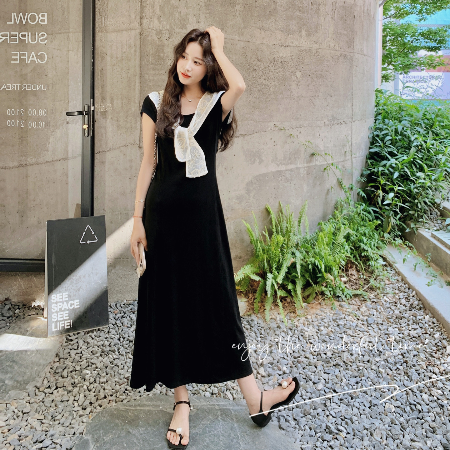 时尚气质连衣裙女2025夏季新款简约黑色圆领高腰显瘦长裙A字裙,女装连衣裙,浙宝131