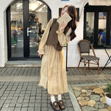 韩系氛围感穿搭马甲配卡其色连衣裙女春秋2025新款轻熟风长裙，女装连衣裙，象礼