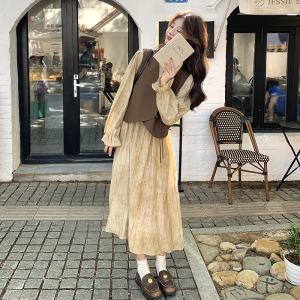 韩系氛围感穿搭马甲配卡其色连衣裙女春秋2025新款轻熟风长裙图片