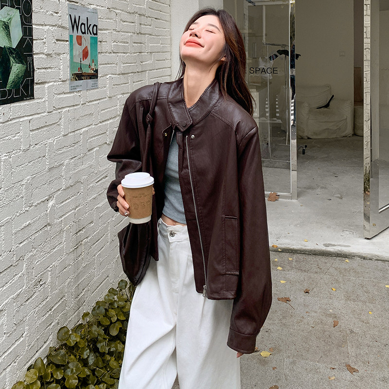 韩版休闲短款外套女2025春秋季新款复古港风小个子高级感PU皮夹克,女装皮衣,浙宝131