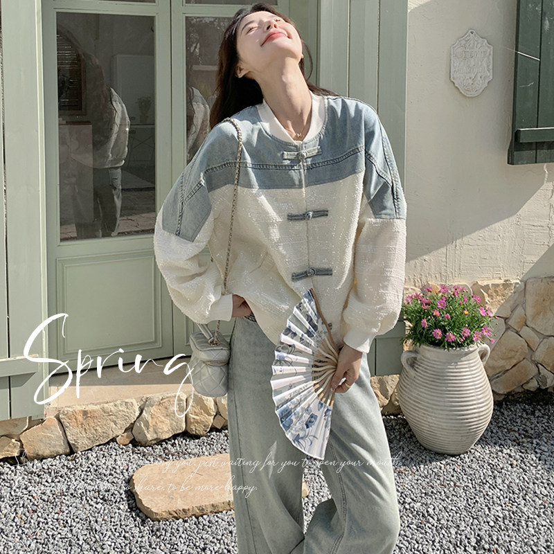 【现货】2024亮片盘扣牛仔拼接棒球服短外套131-5936P145K198,女装短外套,浙宝131