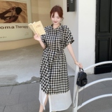 温柔复古格子淡人连衣裙女夏季2025松弛感撞色拼接垂感大裙摆长裙，女装连衣裙，象礼