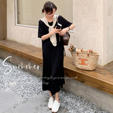 蕾丝拼接黑色T恤连衣裙女夏季2025新款法式气质宽松假两件鱼尾裙，女装连衣裙，象礼