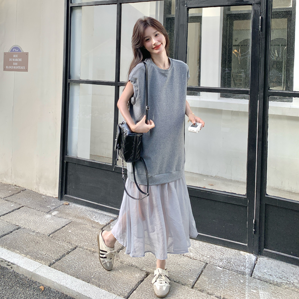 灰色网纱拼接卫衣连衣裙女2025夏季新款韩系慵懒风宽松小个子长裙,女装连衣裙,浙宝131