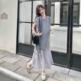 灰色网纱拼接卫衣连衣裙女2025夏季新款韩系慵懒风宽松小个子长裙，女装连衣裙，象礼
