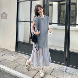 深灰色网纱连衣裙女2025夏季新款法式纯色宽松显瘦鱼尾拼接长裙子图片