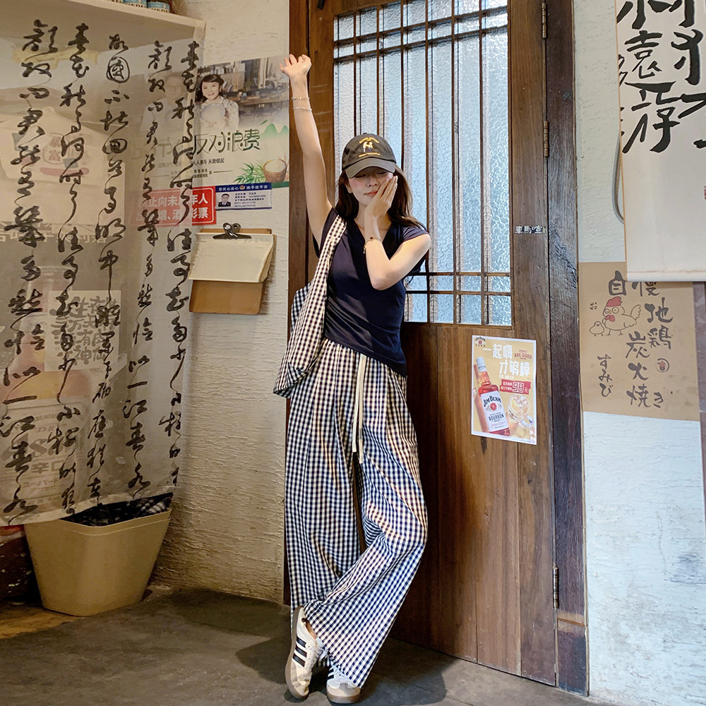 韩系慵懒气质套装女2025夏日穿搭一整套时尚T恤格子阔腿裤两件套,女装套装/套裙,浙宝131