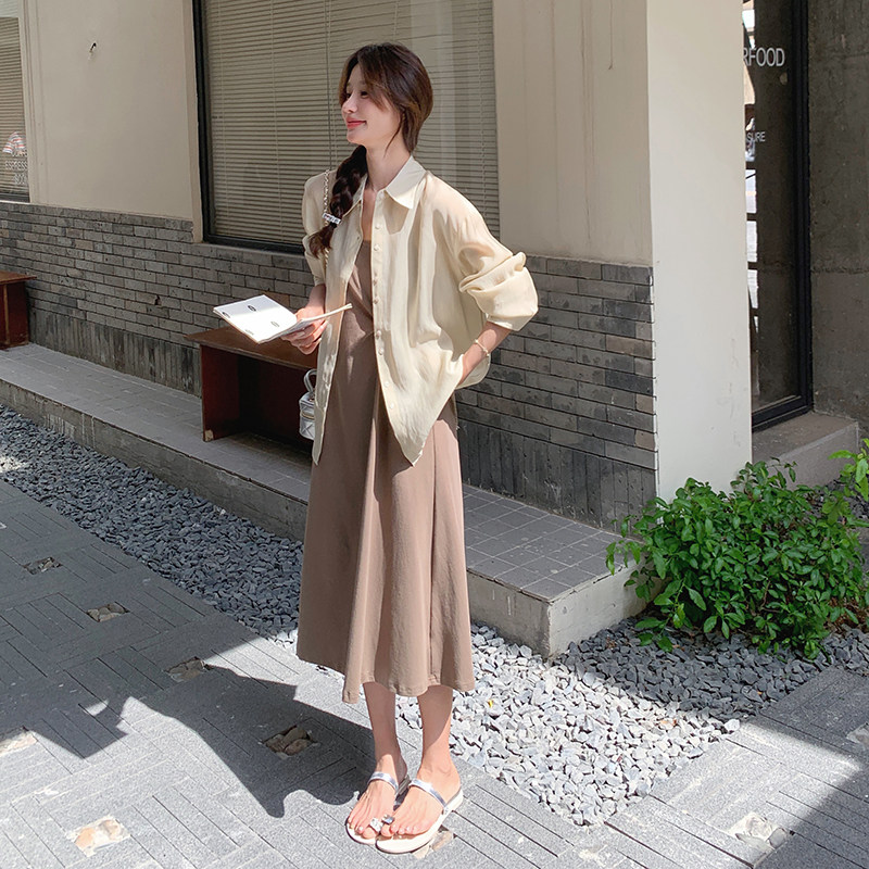 吊带裙外搭防晒衬衫外套2025新款夏季女高级气质温柔两件套连衣裙,女装西装,浙宝131