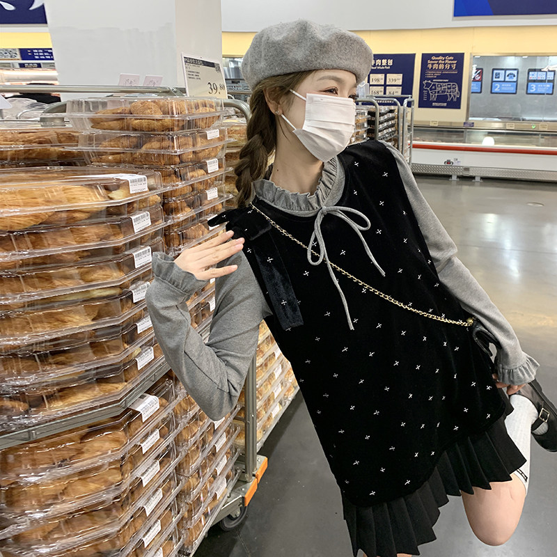 小个子穿搭甜美减龄黑色丝绒印花百褶背心裙连衣裙女春新款,女装连衣裙,浙宝131