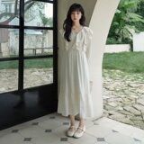 韩系露肩宽松显瘦拼接连衣裙女夏2025新款温柔风泡泡袖长款鱼尾裙，女装连衣裙，浙宝131