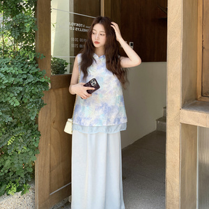 晕染碎花蓝色新中式国风连衣裙套装女夏衬衫两件套巨好看超火流行图片