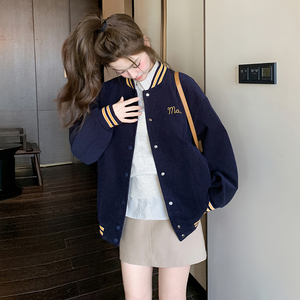 美式学院风藏蓝色短款棒球服外套女春秋超火好看高级小众夹克上衣图片