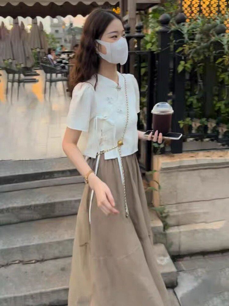 가을 신상 연령 감소 중국 스타일 개선 반팔 흰색 치파오 탑 다용도 브라운 스커트 투피스 세트