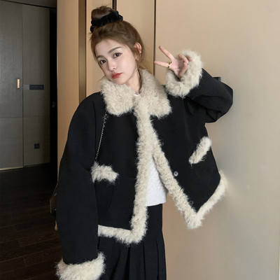 羊羔毛拼接小香风羽绒内