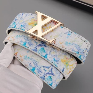 皮带男潮流学生真皮百搭卡槽涂鸦自动扣腰带牛仔裤网红同款