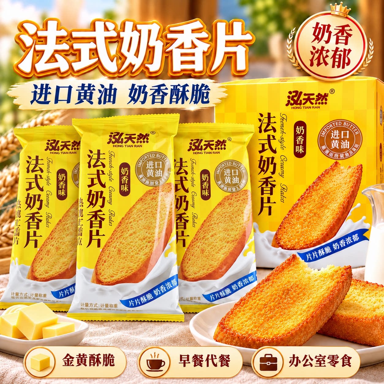 法式奶香片泓天然进口黄油面包干盒装饼干酥脆烘烤糕点心早餐代餐