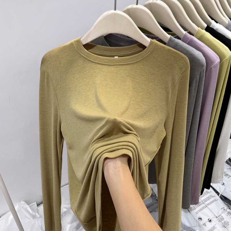 欧货软糯面膜T恤女修身弹力简约上衣2026春季韩版长袖内搭打底衫
