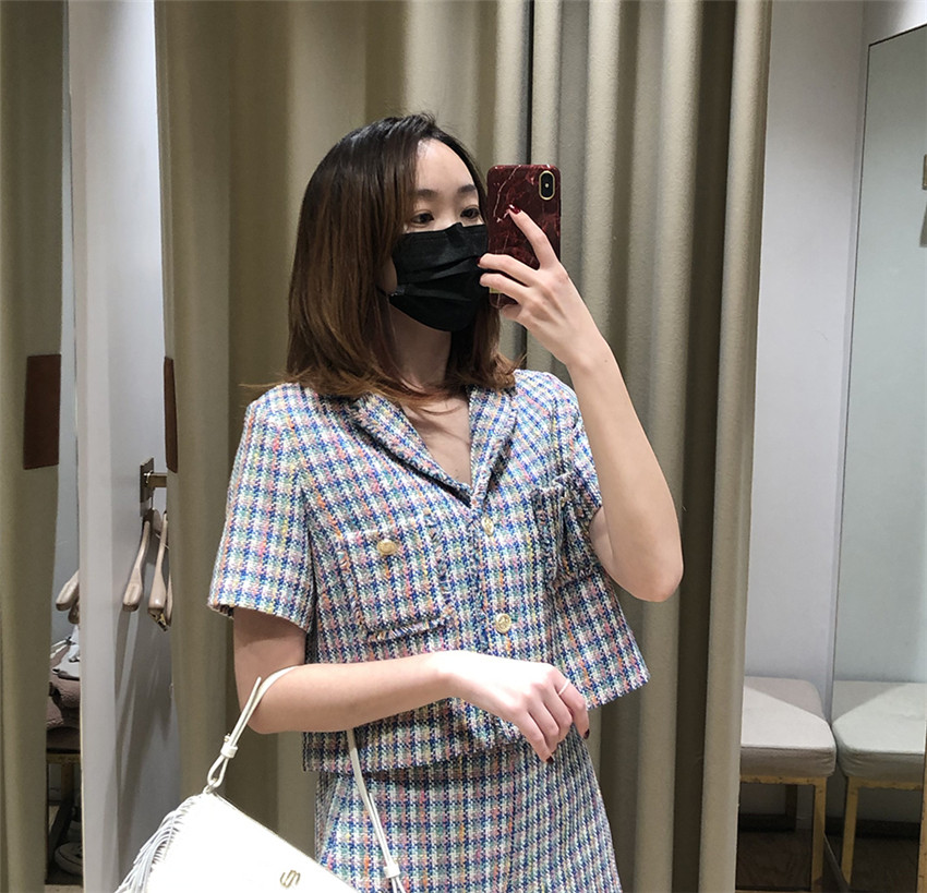 多色格纹粗花呢流苏短袖外套