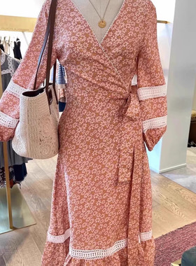 连衣裙2022款通勤雏菊印花高腰灯笼袖长款裙子MFPRO0243