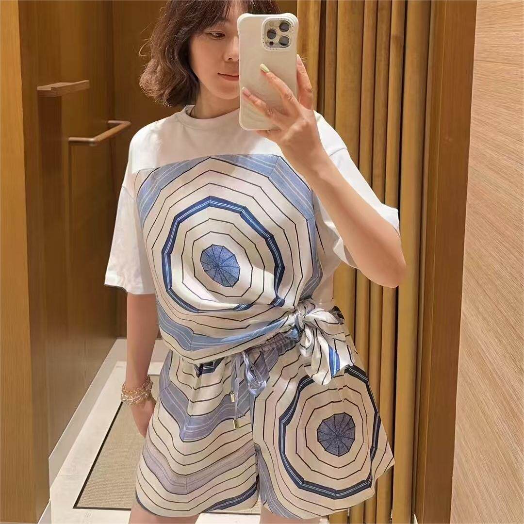 正品2025春夏联名宽松几何图案印花短袖拼接T恤女上衣SFPTS01680