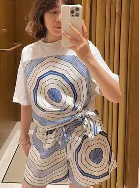 正品2025春夏联名宽松几何图案印花短袖拼接T恤女上衣SFPTS01680