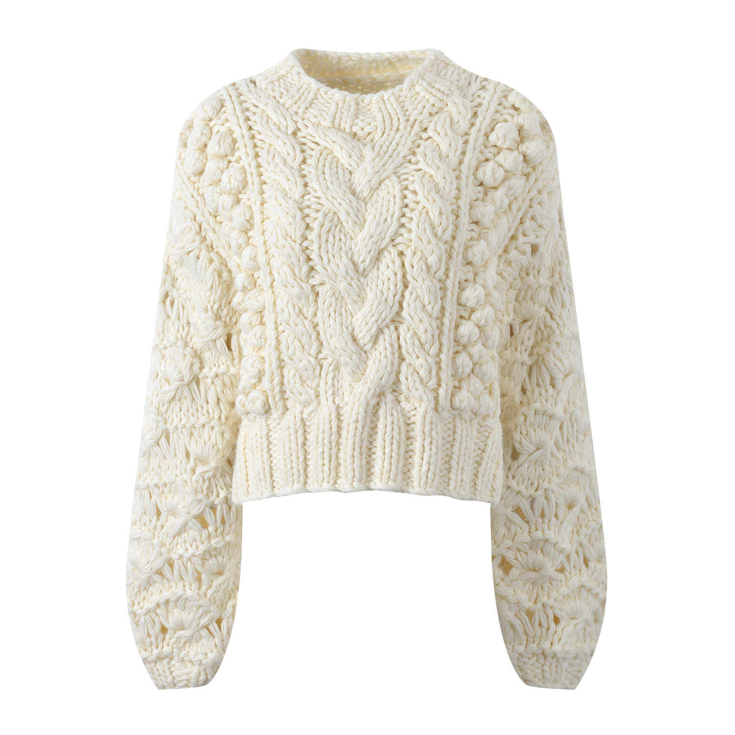 maSande2026秋冬新款手工钩花重工棒针粗针立体麻花圆领加厚针织