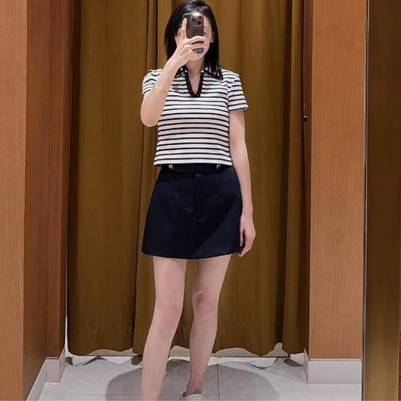 2025夏季新款女装法式休闲钻饰V领条纹棉混纺T恤SFPTS01574