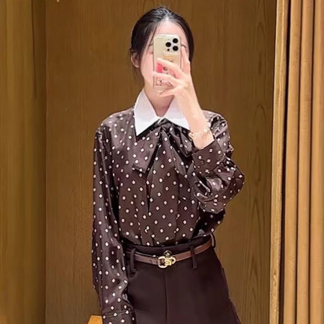 2025秋冬新款女装法式优雅桑蚕丝可拆卸领带印花衬衫SFPCM01540