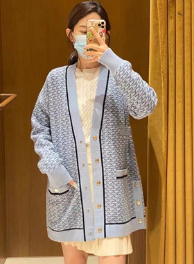 专柜正品2022V领撞色提花条纹针织开衫SFPCA00624