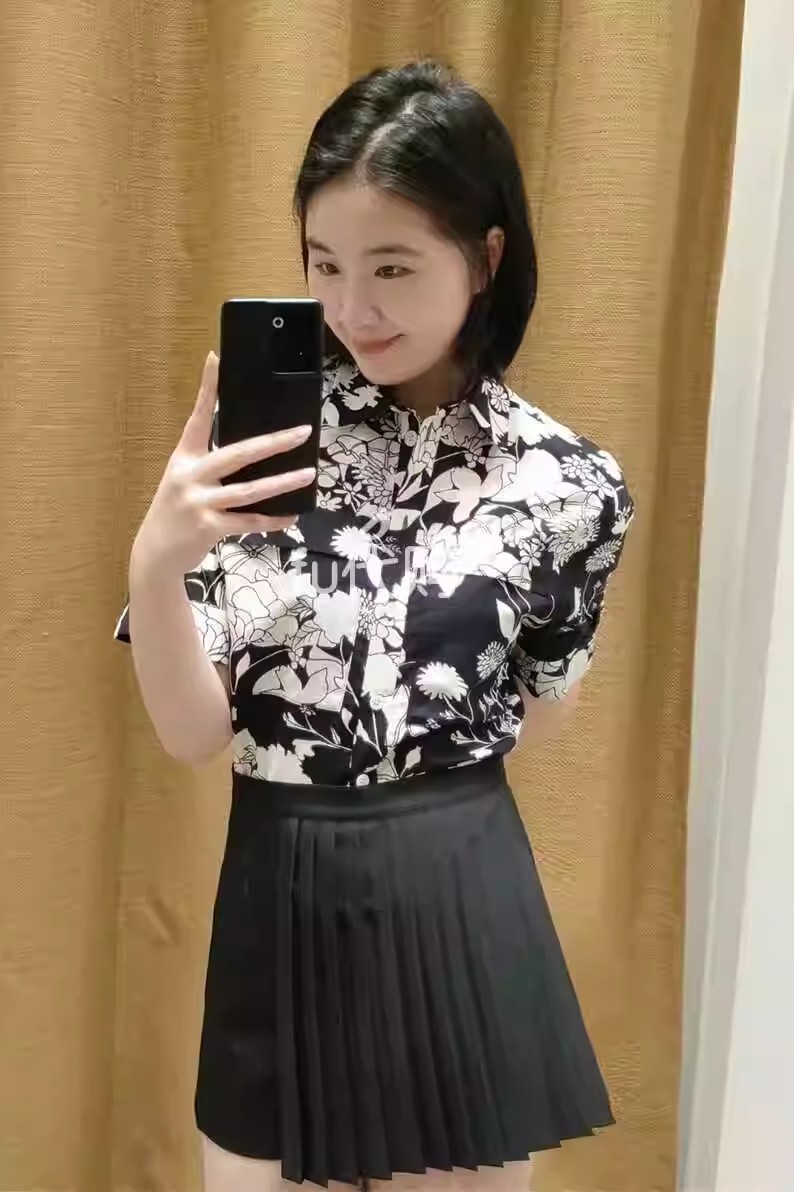 女装法式棉质印花短袖衬衫