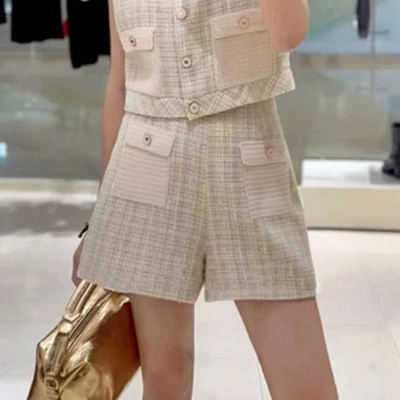 正品2025春夏新款女法式花呢格纹高腰直筒短裤SFPSH00432