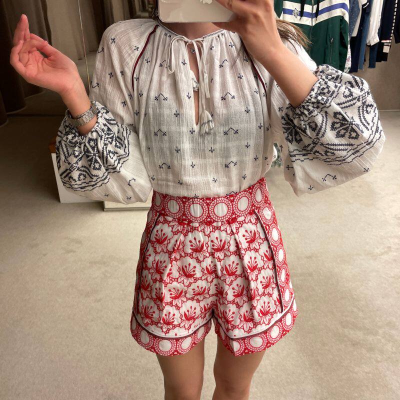21法式民族风刺绣印花微喇高腰短裤休闲裤MFPSH00271