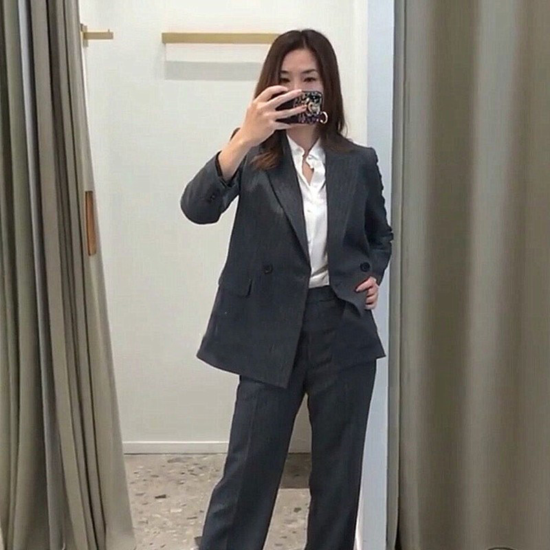 秋冬新款宽松羊毛条纹西装外套