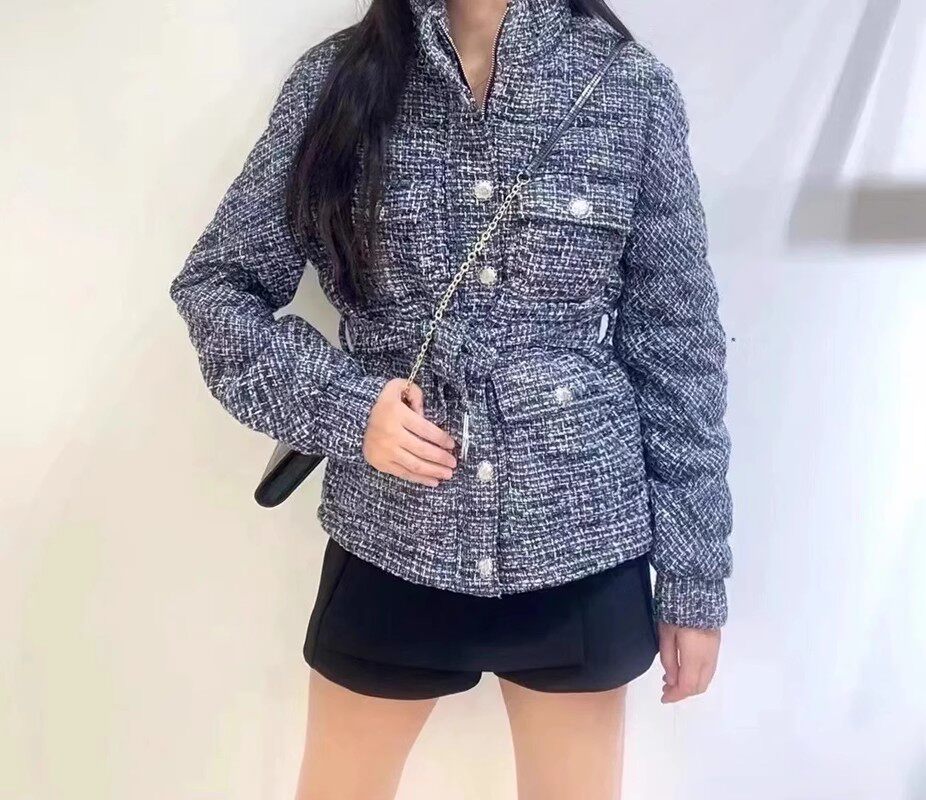 法式系带收腰花呢棉服外套