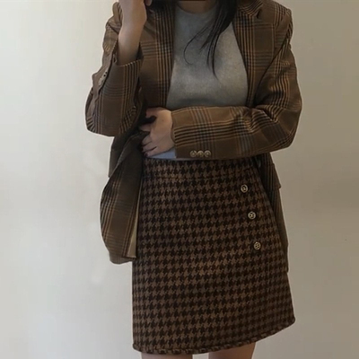 复古千鸟格A字半身裙女