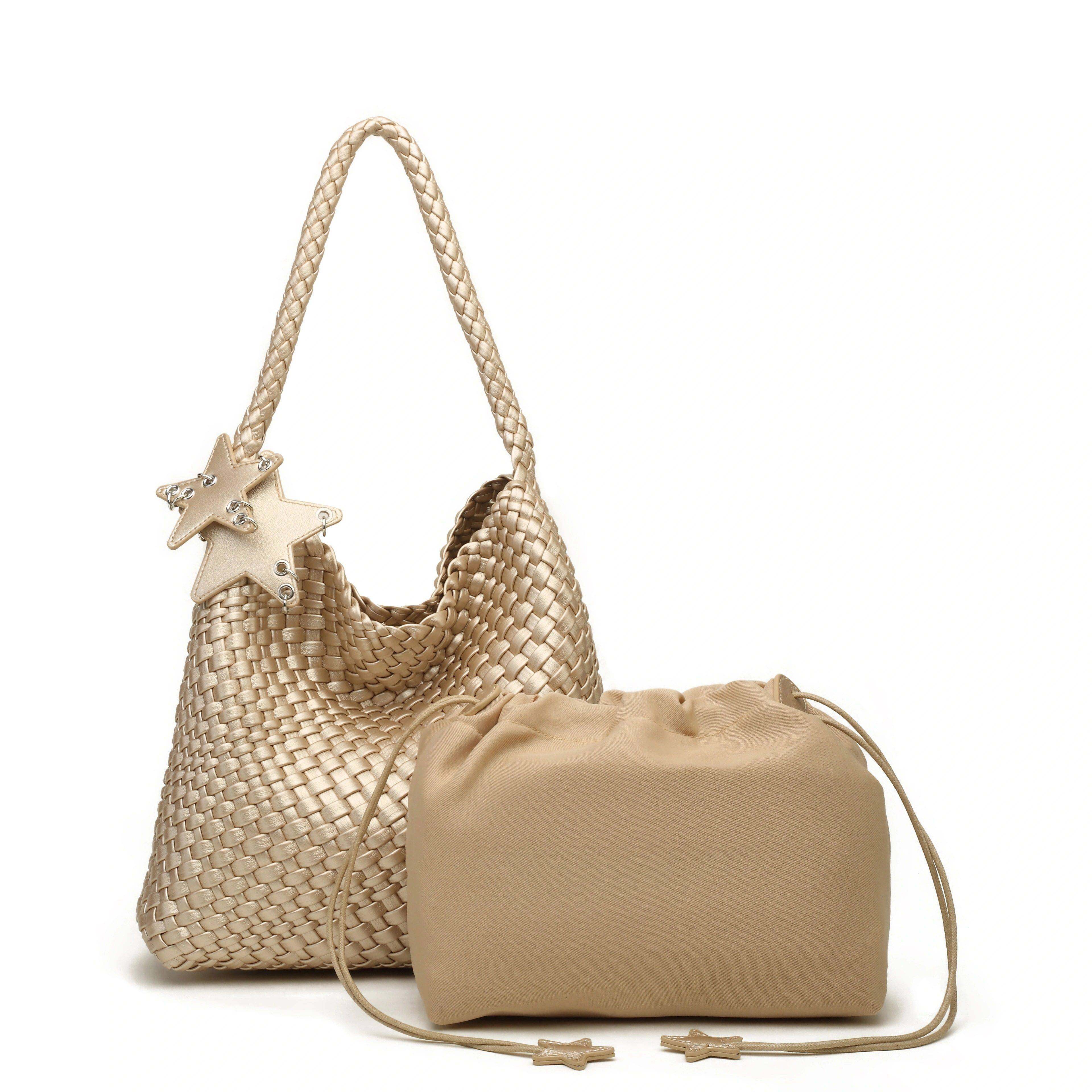 天锚国际枪枪同款香槟色编织托特包女大容量通勤单肩包时尚手提包,箱包皮具/热销女包/男包,托特包,淘宝优惠券,粉丝福利购,淘宝优惠卷