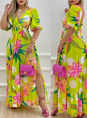 Women's Summer Fashion Personality Deep V Print Slit Dress