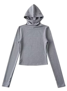 美式修身显瘦短款高领长袖连帽加绒T恤女冬季纯色辣妹内搭打底衫